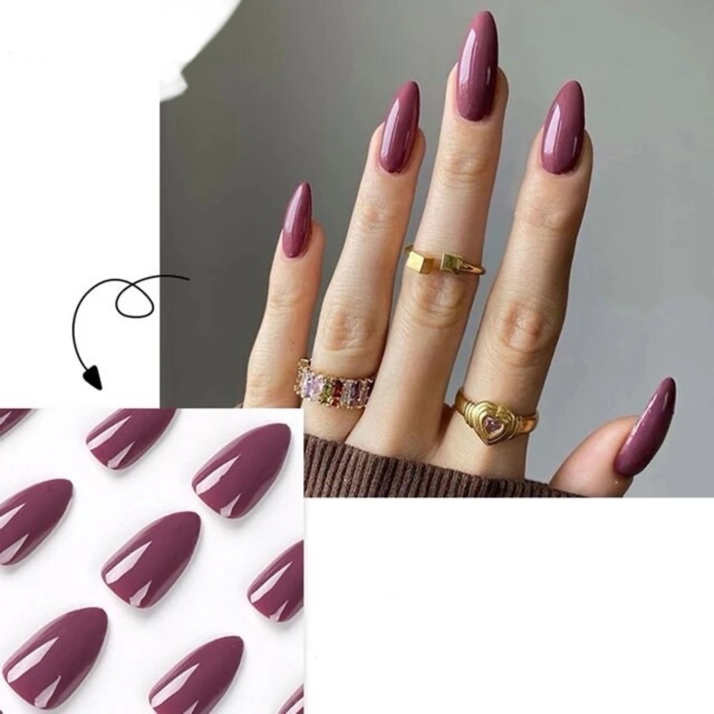 NEW Glossy Plum Almond False Press-On Nails 24 Set - Picture 2 of 5
